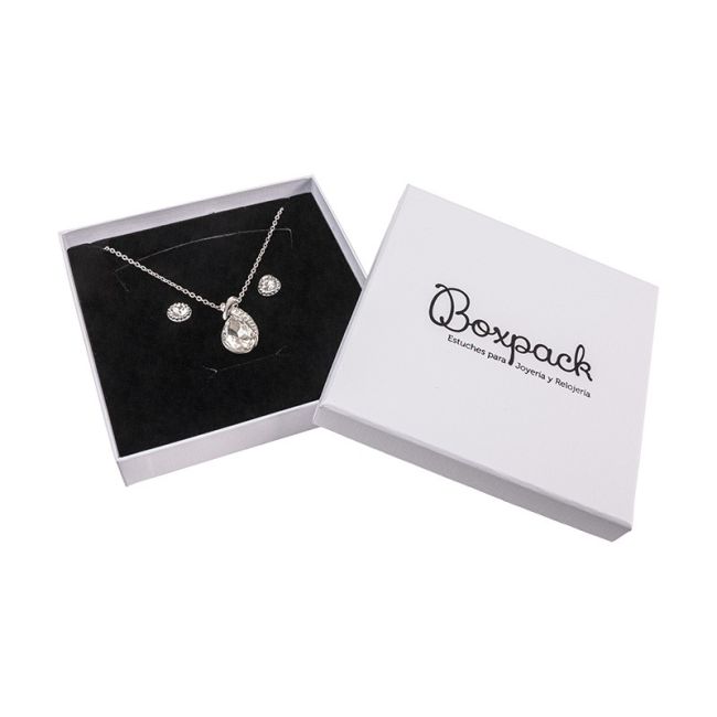 Caja de cartón para conjunto de colgante de joyería y bisutería  120x120x24 Mm color blanco texturizado mp-16