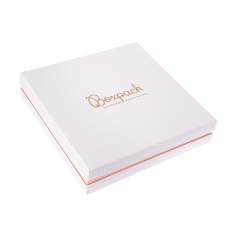 Caja de cartón blanca y rosa para collar o conjunto de joyería, bisutería y joyas 168X168X38 Mm SA-18-RS