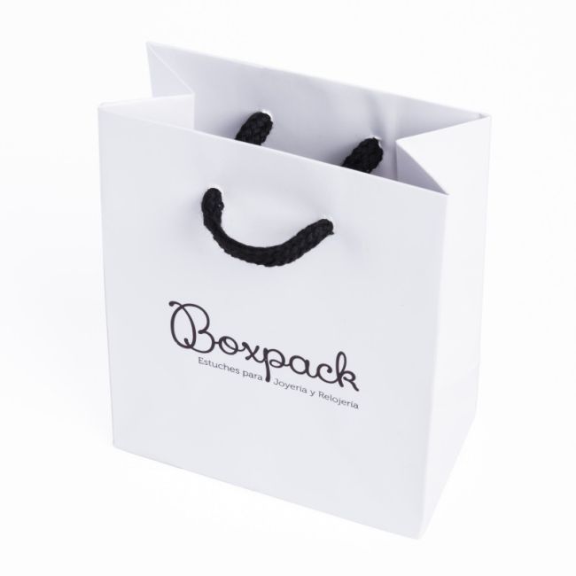 Bolsa de papel mate blanca asa negra para joyería bisutería y relojería 120x150x65 mm B-M-B-B