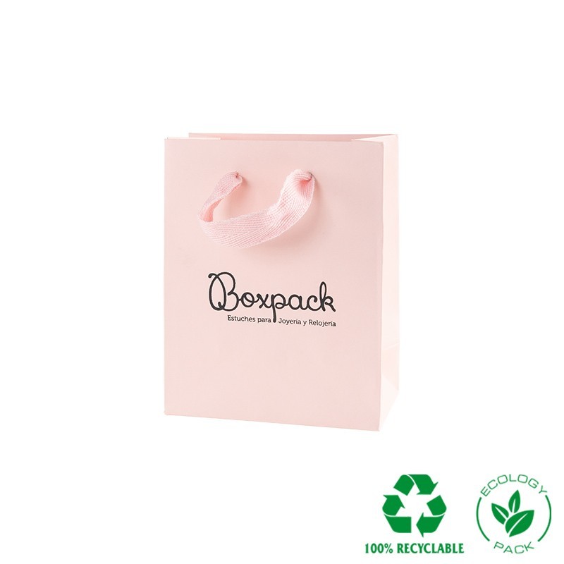 Bolsa de papel eco mate color rosa cuarzo para joyería, bisutería y relojería 120x150x65xmm E-B-M-RC