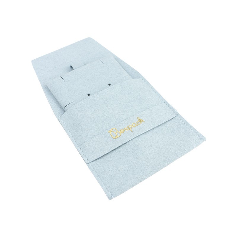 Bolsa más taco de microfibra azul cielo para pendientes con cierre de solapa y cinturón para joyería y bisutería.
