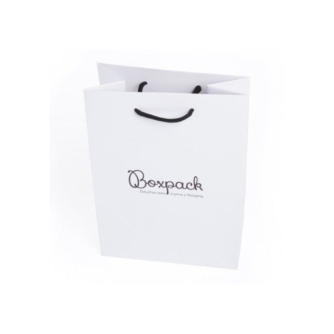 Bolsa de papel mate blanca asa negra para joyería bisutería y relojería 180x250x100 mm B-L-B-N