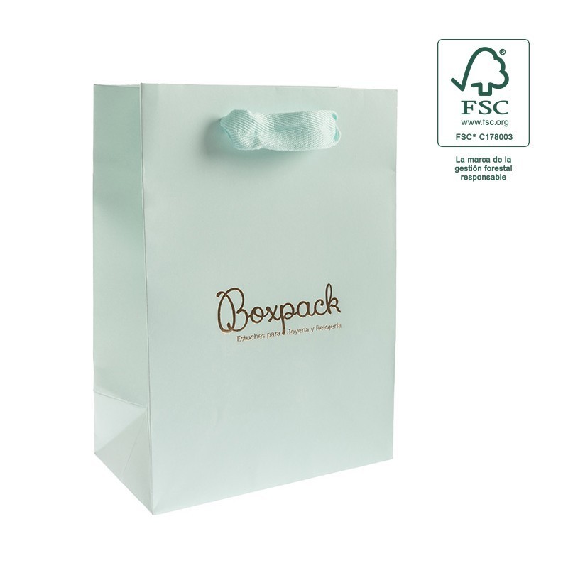Bolsa de papel ecológica FSC aguamarina para joyería, bisutería y relojería 180x250x100  mm FE-B-L-AQ