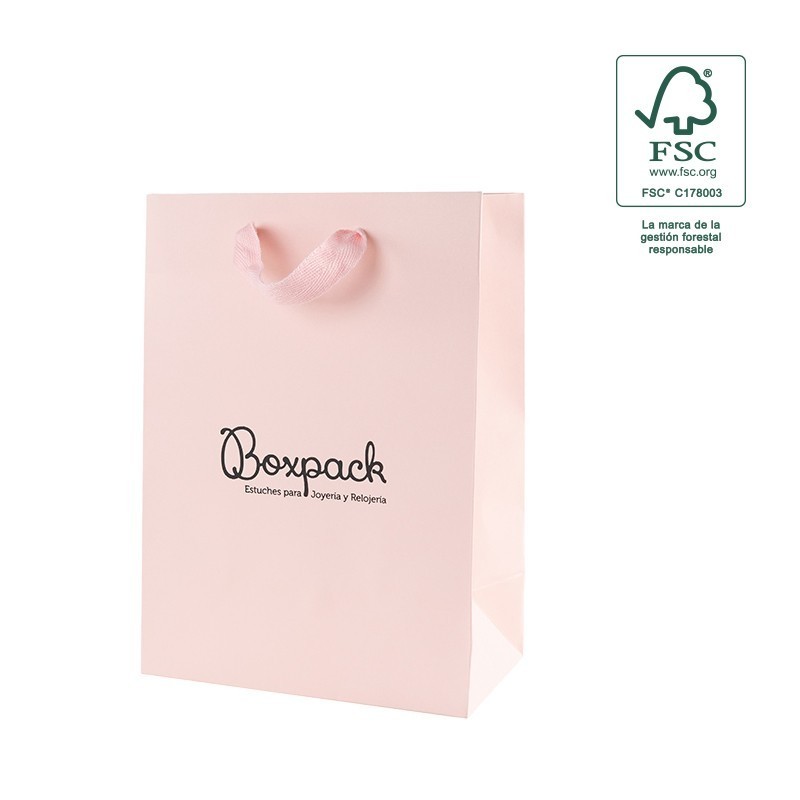 Bolsa de papel ecológica FSC rosa cuarzo para joyería, bisutería y relojería 180x250x100 mm FE-B-L-RC