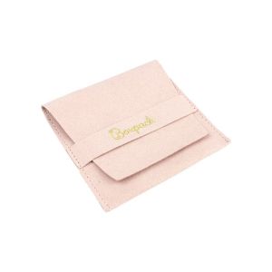 Microfiber pouch with earring pad, flap and strap closure, powder pink