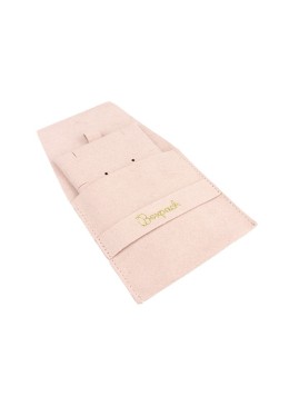 Bolsa más taco de microfibra rosa empolvado para pendientes con cierre de solapa y cinturón para joyería y bisutería.