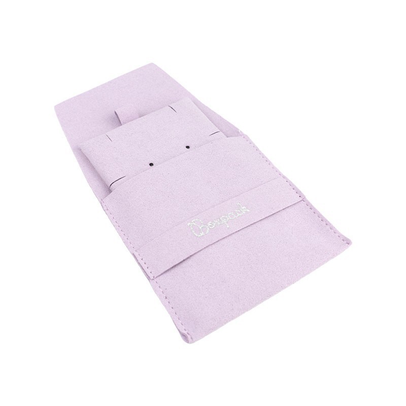 Bolsa más taco de microfibra lila para pendientes con cierre de solapa y cinturón para joyería y bisutería.