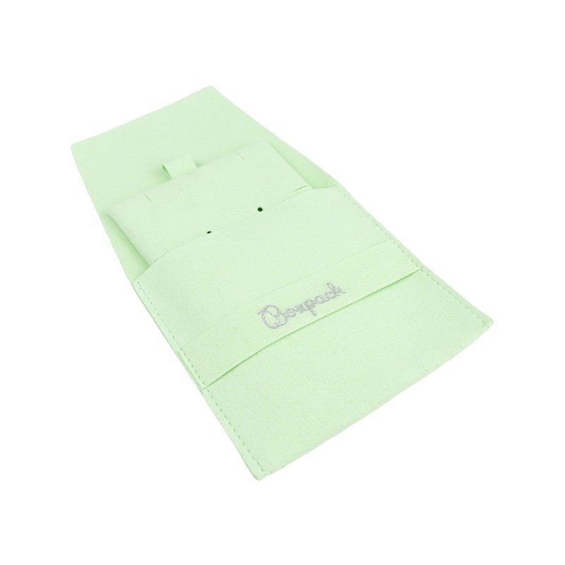 Bolsa más taco de microfibra menta para pendientes con cierre de solapa y cinturón para joyería y bisutería.