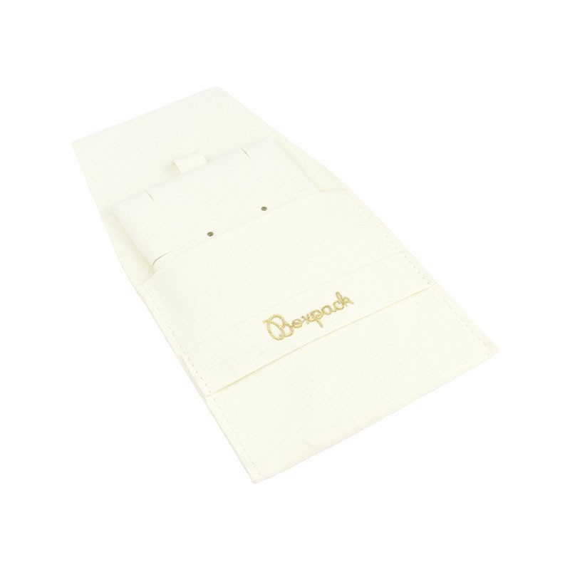 Bolsa más taco de microfibra marfil para pendientes con cierre de solapa y cinturón para joyería y bisutería.