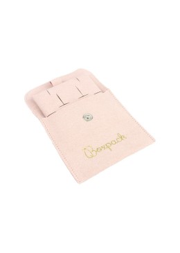 Bolsa más taco de microfibra rosa empolvado para pendientes con cierre de solapa y botón para joyería y bisutería.