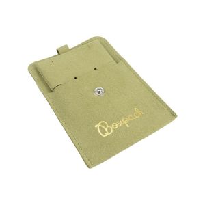 Microfiber pouch with earring pad, flap and button closure, khaki