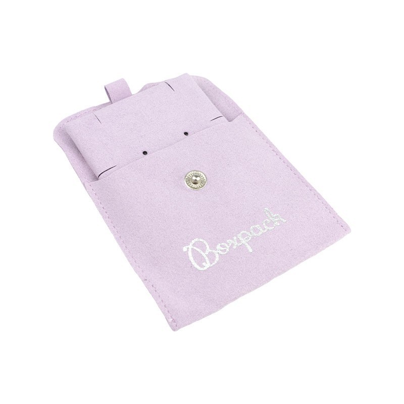 Bolsa más taco de microfibra lila para pendientes con cierre de solapa y botón para joyería y bisutería.