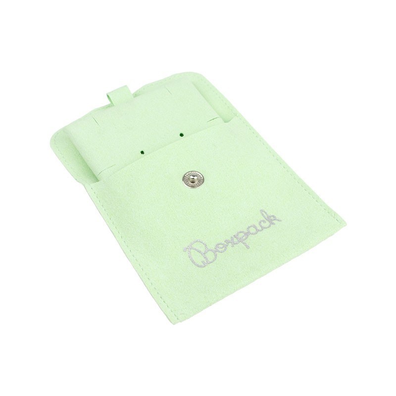 Bolsa más taco de microfibra menta para pendientes con cierre de solapa y botón para joyería y bisutería.