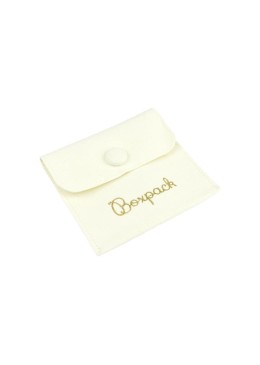 Bolsa más taco de microfibra marfil para pendientes con cierre de solapa y botón para joyería y bisutería.