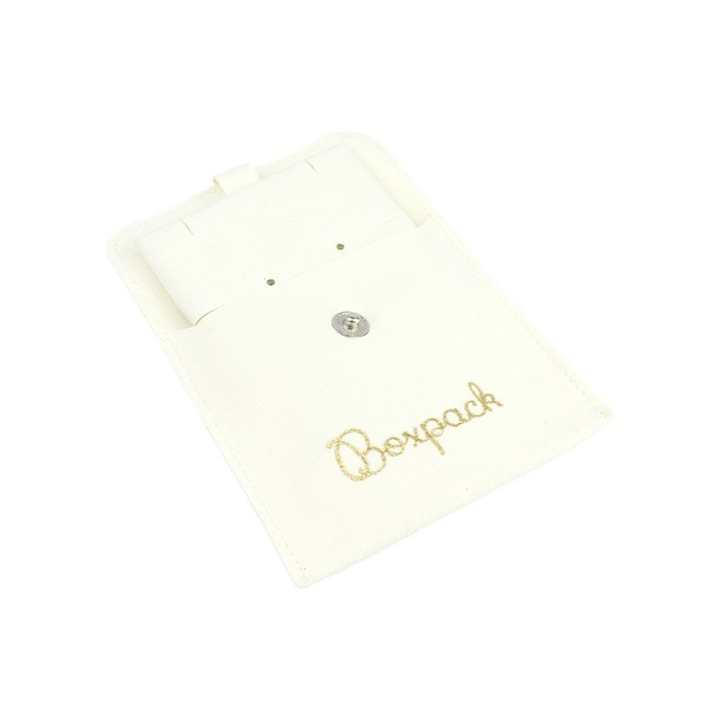 Bolsa más taco de microfibra marfil para pendientes con cierre de solapa y botón para joyería y bisutería.