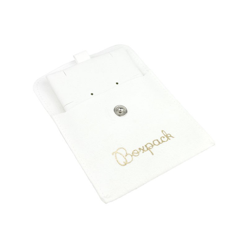 Bolsa más taco de microfibra blanco para pendientes con cierre de solapa y botón para joyería y bisutería.