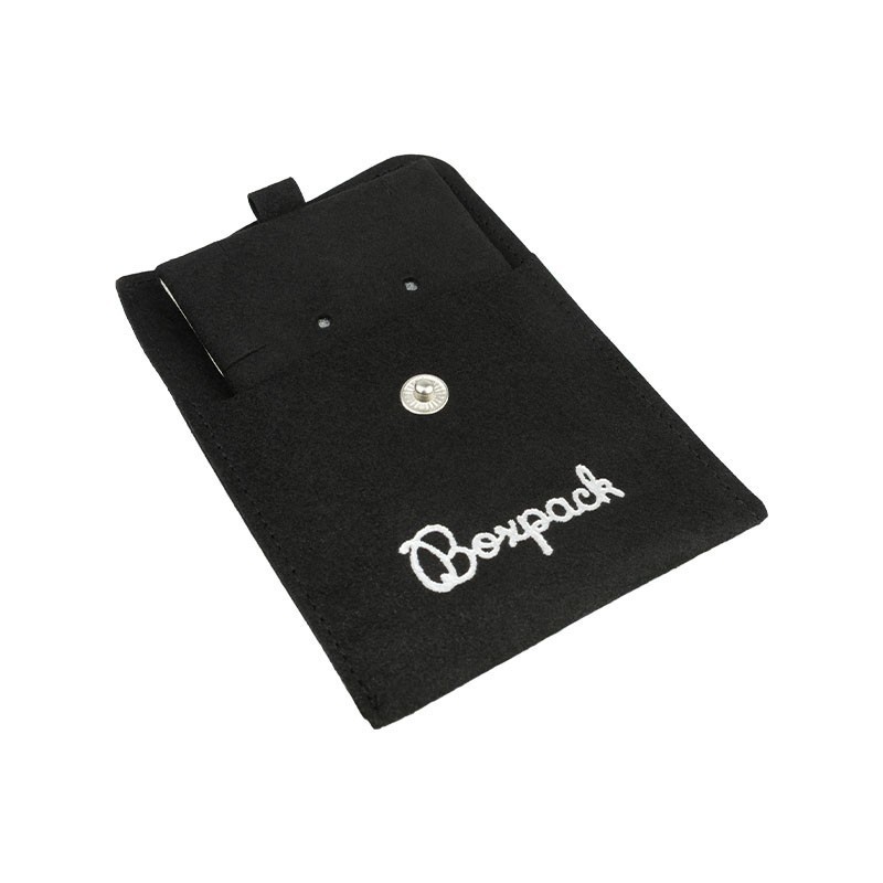 Bolsa más taco de microfibra negro para pendientes con cierre de solapa y botón para joyería y bisutería.