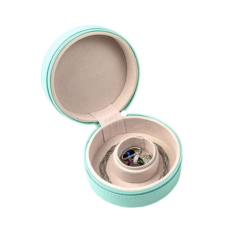 Joyero de viaje redondo aguamarina para joyería, bisutería y joyas 95x95x45 mm JY-2-AQ