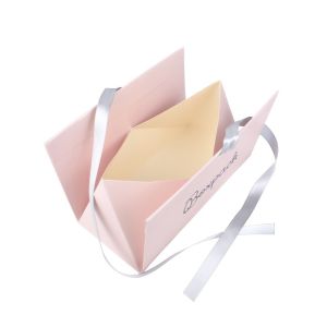 Caja de cartón rosa cuarzo automontable con lazo satén gris para joyas bisutería y joyería 150x88x82 mm FL-2-RC