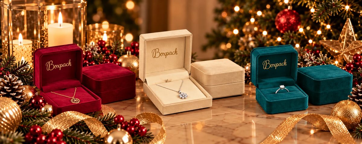 Red, cream and green velvet jewelry boxes with a logo on a table with Christmas decorations